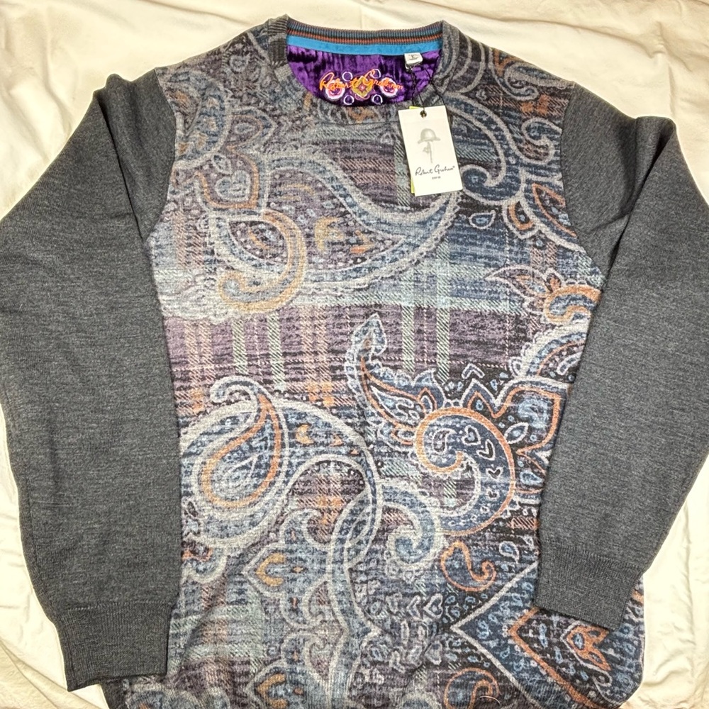 NWT Robert Graham Gray Paisley Mens Sweater Size Large 100% Merino Wool
